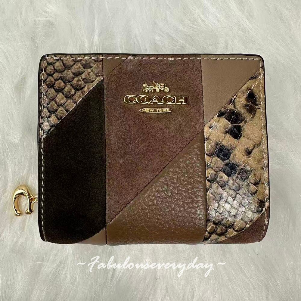 Coach Snap Wallet With Patchwork And Snake Print In Leather/Gold CCR27 NWT